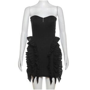 Women Strapless Mini Dress Layers Ruffles Medium Black Ribbed Stretch Sweetheart